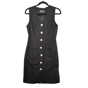 Vintage 90s Vest Dress Button Front Black Corporate Goth Classic M Dark Academia